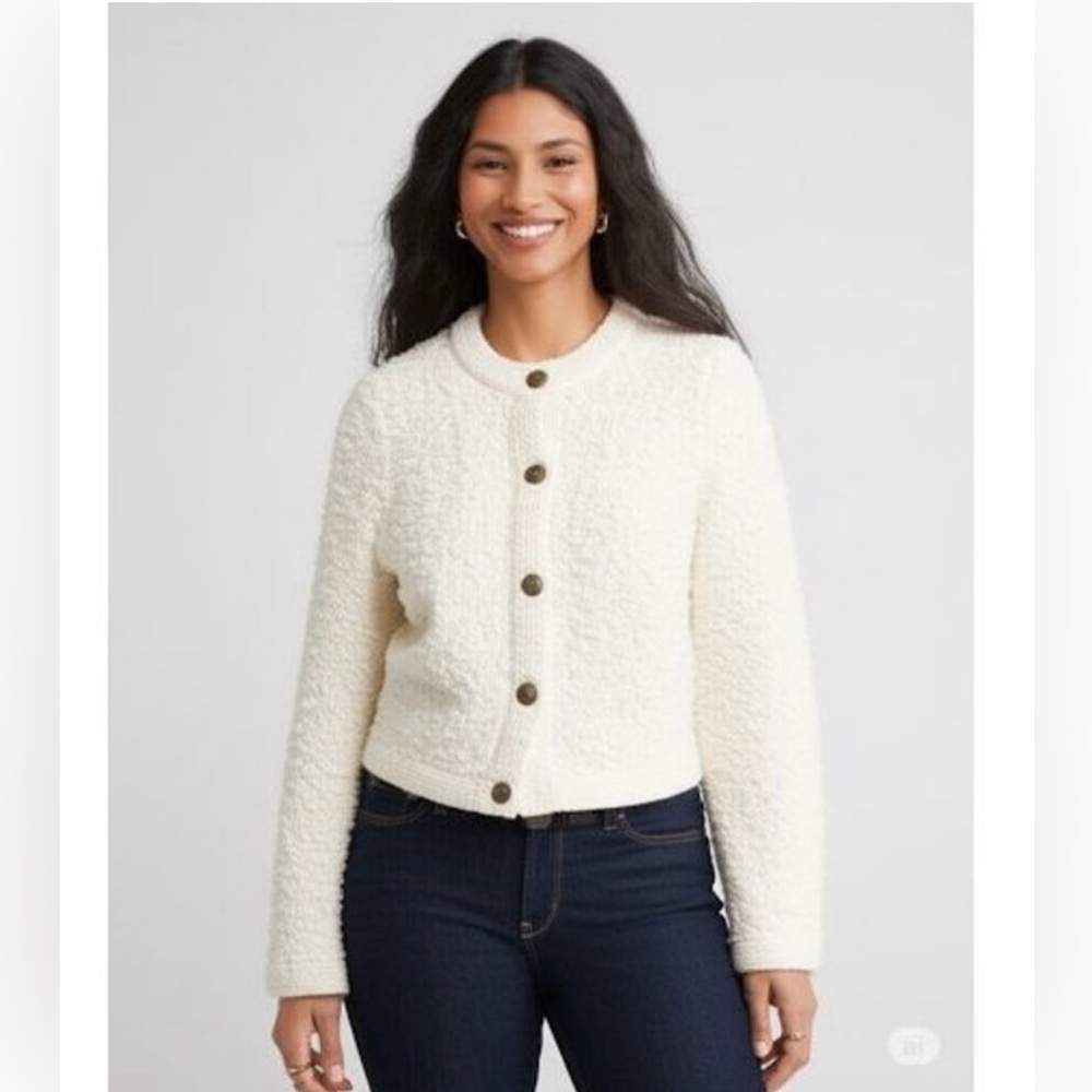 Talbots Boucle Ivory Wool Blend Button Front Cardigan Sweater Jacket